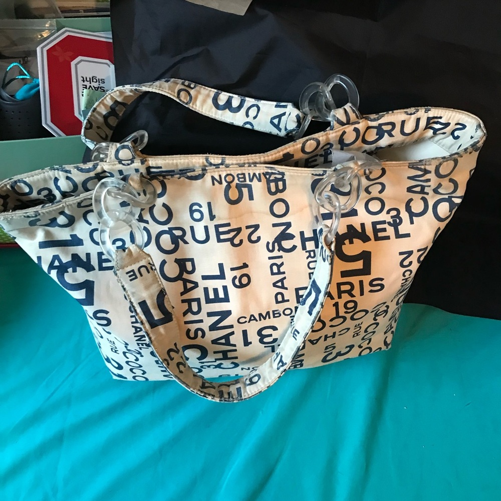 Vintage  CHANEL Beige and Black Logo Tote